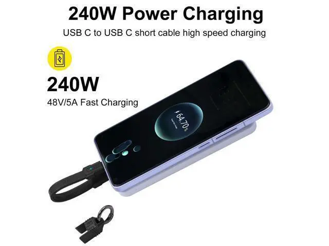Alt view image 3 of 7 - Vszerda USB C Cable Keychain, 240W USB C Keychain Cable, 80Gbps Data Transfer, 8K 60Hz Video Display for iPhone 16 15, Thunderbolt 4/3, Laptop, External SSD, in Black 13cm