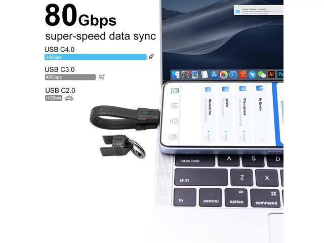 Alt view image 4 of 7 - Vszerda USB C Cable Keychain, 240W USB C Keychain Cable, 80Gbps Data Transfer, 8K 60Hz Video Display for iPhone 16 15, Thunderbolt 4/3, Laptop, External SSD, in Black 13cm
