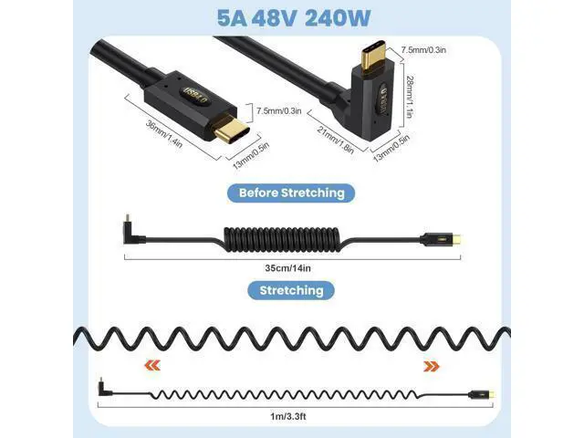 Alt view image 3 of 6 - Vszerda USB4.0 Cable Spring Coiled, USB C to USB C Cord 8K/6K @60hz 40Gbps 240W Fast Data Charging Type C Spring Spiral Cord Cables, 4FT/1.2M (Male to Male, Left/Right to Left/Right)