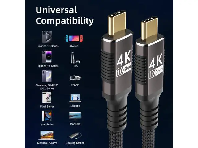 Alt view image 7 of 7 - Vszerda USB C Cable 6.6ft 2-Pack Compatible with Thunderbolt 3,UsbC 3.1 gen 1 Cable 10Gbps Data Transfer,4K@60Hz/2K@120Hz Video Output Monitor Cord,Type-C Nylon Braided 100W Fast Charging.