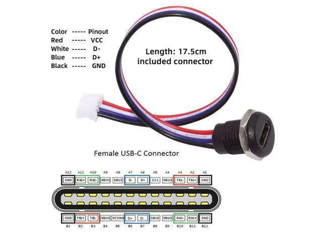 Alt view image 5 of 7 - Vszerda DIY OEM 5pcs Type C Female Socket to 4Pin Header 24AWG Cable Pitch=2.0mm Panel Mount Type DC 5V Power Data
