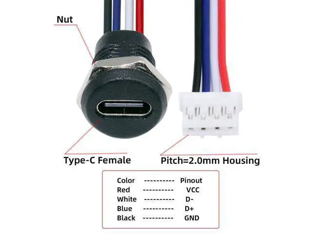 Alt view image 7 of 7 - Vszerda DIY OEM 5pcs Type C Female Socket to 4Pin Header 24AWG Cable Pitch=2.0mm Panel Mount Type DC 5V Power Data