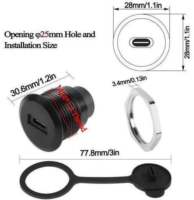 Alt view image 5 of 14 - Vszerda USB C to USB 3.0 Embedded Threaded Fixed Adapter 5Gbps USB C Female to USB 3.0 Female Panel Mount Round Connector with Waterproof Dust Cap
