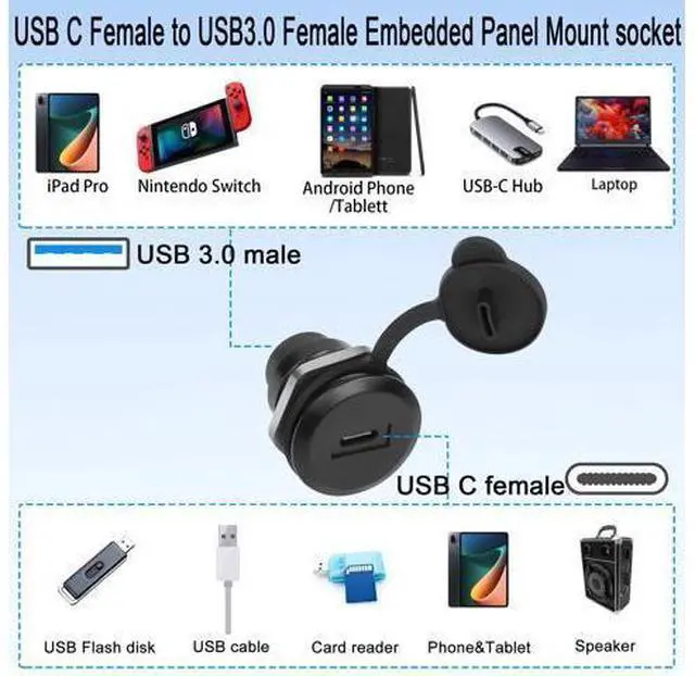 Alt view image 7 of 14 - Vszerda USB C to USB 3.0 Embedded Threaded Fixed Adapter 5Gbps USB C Female to USB 3.0 Female Panel Mount Round Connector with Waterproof Dust Cap