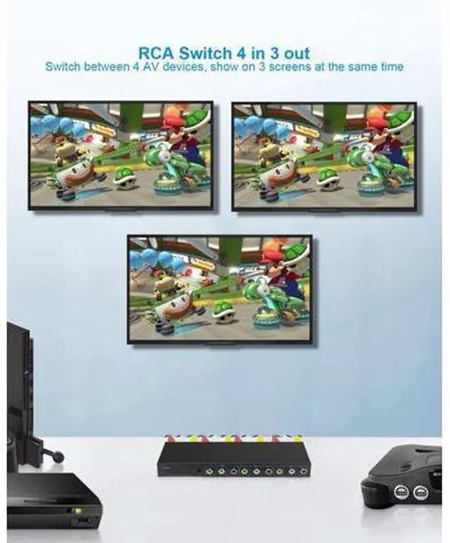 Alt view image 4 of 7 - Vszerda RCA Switch Box 4 in 3 Out: 4 Way AV Splitter 3 Output with Remote Control for Audio Video Distribution, RCA Splitter Switcher Composite Video L/R Audio Selector Box for DVD STB Game Consoles