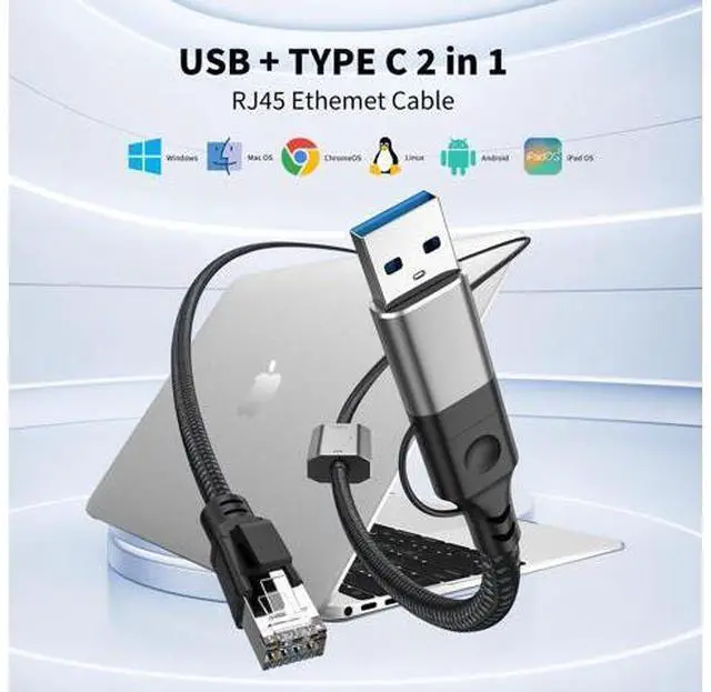 Alt view image 3 of 14 - Vszerda USB C to Ethernet Adapter 4FT, 2in1 USB-C/USB 3.0 to RJ45 Gigabit LAN Network Cord, 1000Mbps Directly Connected, Ethernet Cable Type C Compatible for MacBook Pro,iPad Pro,Smartphone and More