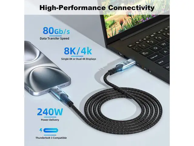 Alt view image 3 of 7 - Vszerda USB c to USB c 3.3FT/1M Compatible with Thunderbolt 5 Cable high Speed 80Gbps Data Transfer,16K/8K/4K Video,Braided Type c to Type c Charger Cord,240W PD Fast Charging for Thunderbolt 4/3