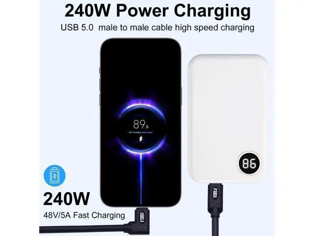 Alt view image 2 of 7 - Vszerda Right Angle USB C Cable 2ft, 80Gbps Right Angle Thunderbolt 5 Cable, 240W Power, Dual 8K Display, 120Gbps Bandwith, 90 Degree USB C Thunderbolt Cord, Compatible for MacBook,iPhone 16,SSD