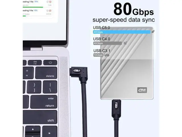 Alt view image 3 of 7 - Vszerda Right Angle USB C Cable 2ft, 80Gbps Right Angle Thunderbolt 5 Cable, 240W Power, Dual 8K Display, 120Gbps Bandwith, 90 Degree USB C Thunderbolt Cord, Compatible for MacBook,iPhone 16,SSD
