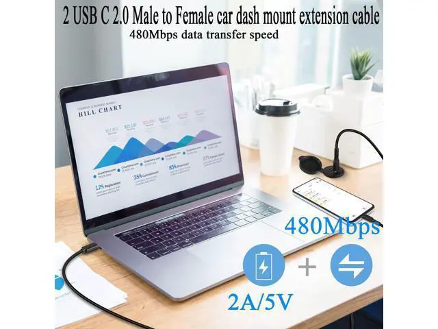 Alt view image 2 of 6 - Vszerda 2 USB C Threaded Flush Mount Waterproof Cable Dual USB C 2.0 Male to Female Car Dash Mount Extension Cable for Car Boat Truck Yacht Motorcycle 1m/3.3ft