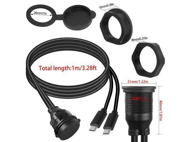 Alt view image 6 of 6 - Vszerda 2 USB C Threaded Flush Mount Waterproof Cable Dual USB C 2.0 Male to Female Car Dash Mount Extension Cable for Car Boat Truck Yacht Motorcycle 1m/3.3ft