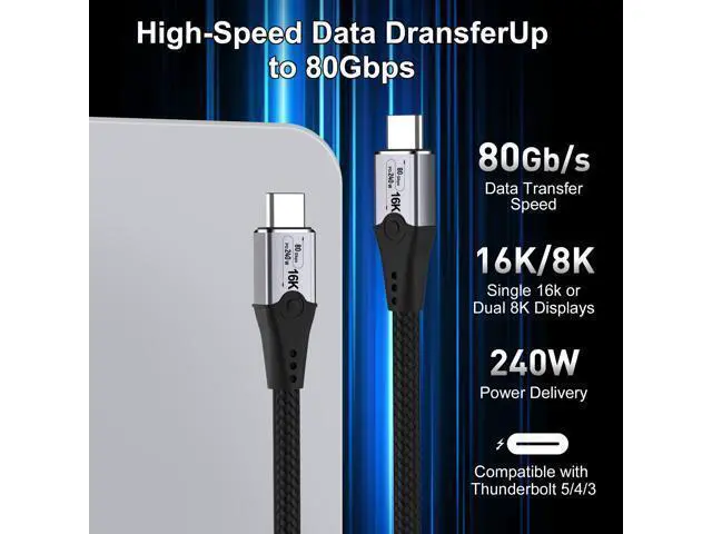 Alt view image 2 of 7 - Vszerda 5FT USB-C to USB-C Monitor Cable - 80 Gbps Data Transfer, Supports 16K/Dual8K HD Display, 240W Charging, Compatible with Thunderbolt 5/4/3