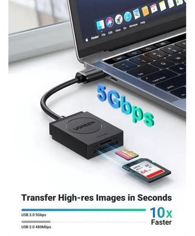 Alt view image 2 of 7 - UGREEN SD Card Reader USB 3.0 Dual Slot Flash Memory Card Reader TF SD SDXC SDHC MMC RS-MMC Micro SDXC Micro SDHC UHS-I for Mac Windows Linux Chrome Read 2 Cards Simultaneously