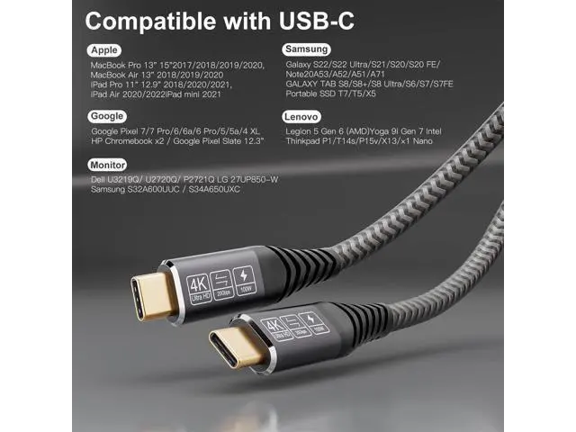 Alt view image 6 of 7 - Vszerda USB C Cable 10ft, Long C 3.2 Gen 2x2 Monitor Cable 4K, 20Gbps Data Transfer 100W Fast Charging, Compatible With Oculus Quest, MacBook Pro, HP, Portable Monitor