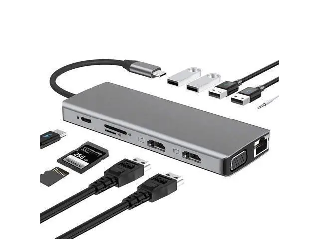 Alt view image 2 of 7 - Vszerda USB Type C Dual HDMI VGA Adapter Card Reader USB 3.0 HUB Screen Mirror
