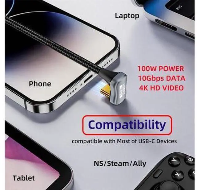 Alt view image 6 of 7 - Vszerda USB 3.1 USB-C Type C Male to Male Cable 10Gbps Data Transfer, 100W PD Charging Cord 4K 60Hz Video Monitor Cable Opposite U Shape Back Angled with Sleeve for Laptop, Chromebook 3.0M