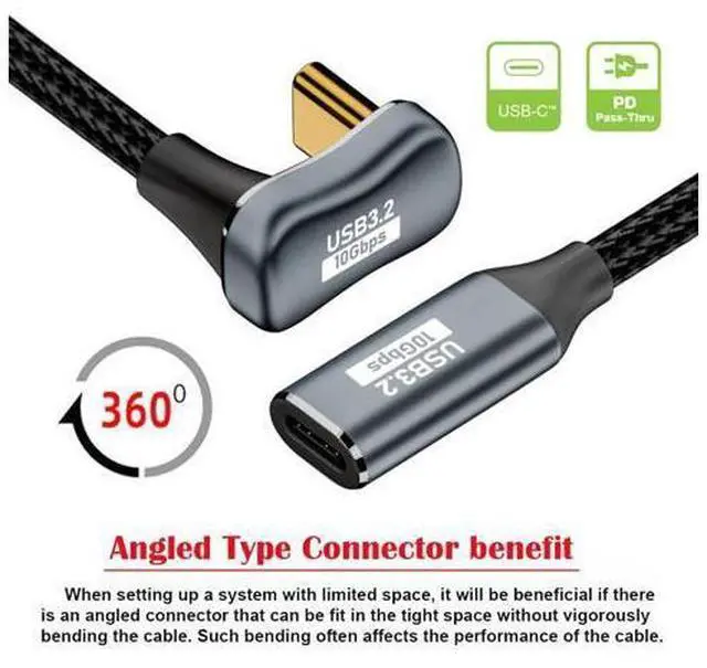 Alt view image 6 of 7 - Vszerda USB 3.1 USB-C Type C Male to Female Cable 10Gbps Data Transfer, 100W PD Charging Cord 4K 60Hz Video Monitor Cable Opposite U Shape Back Angled with Sleeve for Laptop, Chromebook 3.0M
