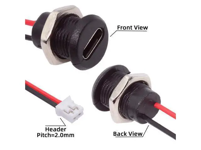Alt view image 6 of 7 - Vszerda 5pcs DIY OEM Type C Female Socket to 2Pin Header Wire Extension DC 5V Power Cord Pitch=2.0mm Panel Mount USB C Waterproof Jack 17.5cm