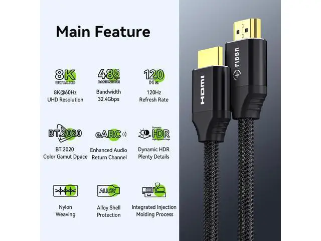 Alt view image 2 of 7 - FIBBR 8K HDMI 2.1 Cable 6ft/2m, 48Gbps High Speed HDMI Cord, Support 8K@60Hz 4K@120Hz 2K@240Hz eARC 3D Dynamic HDR 12Bit for PS4/PS5 Laptop Xbox Series Standard HDMI Port