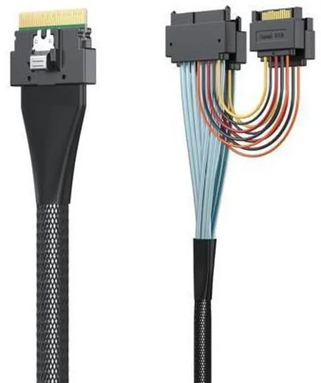 Main image of Vszerda SlimSAS SFF-8654 8i to Dual U.2 SFF-8639 Adapter Cable with 15Pin SATA Power, PCIe 4.0 x8 NVMe SSD Cable for Servers/Workstations, 85Ohm AWG30 Twinax, Silver Plated, 0.5m/1.6ft