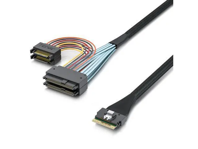 Alt view image 2 of 8 - Vszerda SlimSAS SFF-8654 8i to Dual U.2 SFF-8639 Adapter Cable with 15Pin SATA Power, PCIe 4.0 x8 NVMe SSD Cable for Servers/Workstations, 85Ohm AWG30 Twinax, Silver Plated, 0.5m/1.6ft