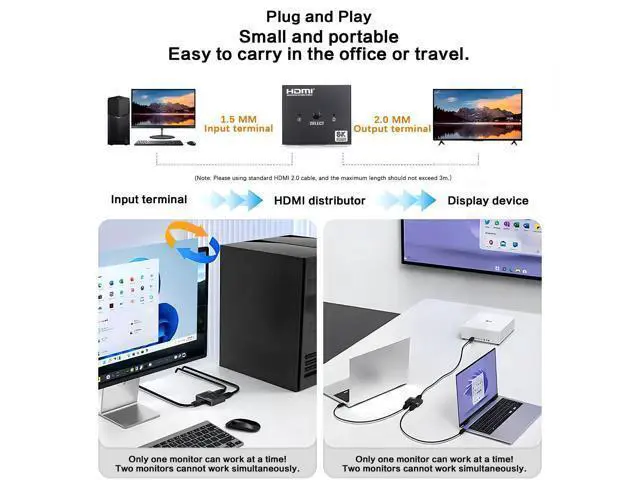 Alt view image 5 of 7 - Vszerda HDMI Switch Splitter 8K@60Hz, Aluminum Bidirectional HDMI Switcher 2 in 1 Out, 2.1 Hub with USB C Power Cable Support HDCP2.2 Compatible with Xbox PS5/4 Blu-Ray Player Fire Stick