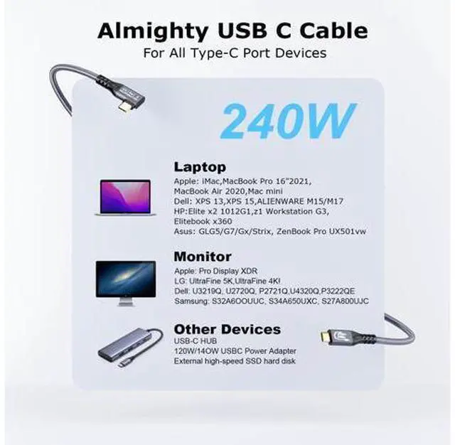 Alt view image 7 of 14 - USB C 3.2 Gen2x2 20Gbps Cable, 2PCS 90Degree Type C 4K@60Hz UHD Video 5A/240W PD3.1 Fast Charge Cord with E-Marker Compatible with Thunderbolt 3/4 for 15Pro MacBook (2, 2PCS 90Degree 20G 240W 0.5M)