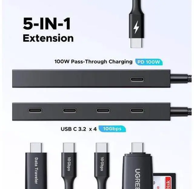 Alt view image 2 of 7 - UGREEN Powered 100W 10Gbps USB C Hub - 5 in 1 Adapter with 4 USB-C, 100W PD Ports for MacBook/Air, iPad Pro, iPhone, Surface, Laptops and More