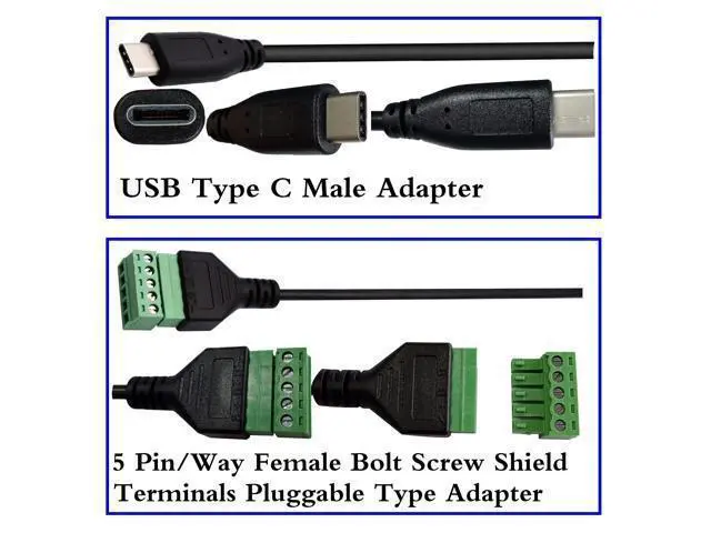 Alt view image 5 of 6 - Vszerda Type C USB Screw Terminal Block Connector Cable 2.0 Type C USB Male Plug to 5 Pin Way Female Bolt Screw with Shield terminals Pluggable Type Adapter Connector Converter Cable30CM2Pack Male