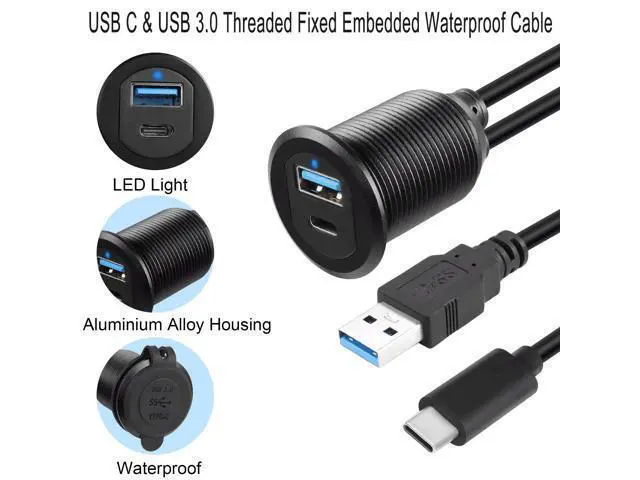 Alt view image 2 of 7 - Vszerda USB C & USB 3.0 Threaded Fixed Embedded Car Waterproof Cable 5Gbps USB3.0 & USB C Panel Mount Extension Cable,LED Light Aluminium Housing,for Instrument Panel Car Boat Motorbike,2M/6.5ft