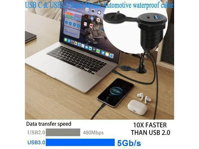 Alt view image 4 of 7 - Vszerda USB C & USB 3.0 Threaded Fixed Embedded Car Waterproof Cable 5Gbps USB3.0 & USB C Panel Mount Extension Cable,LED Light Aluminium Housing,for Instrument Panel Car Boat Motorbike,2M/6.5ft