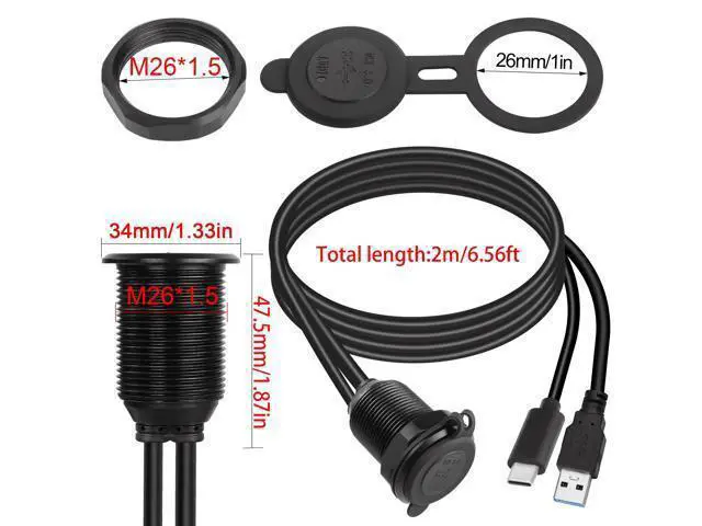 Alt view image 6 of 7 - Vszerda USB C & USB 3.0 Threaded Fixed Embedded Car Waterproof Cable 5Gbps USB3.0 & USB C Panel Mount Extension Cable,LED Light Aluminium Housing,for Instrument Panel Car Boat Motorbike,2M/6.5ft