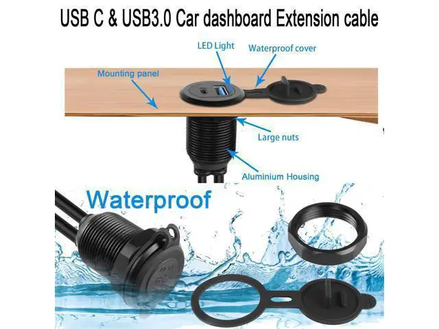 Alt view image 5 of 7 - Vszerda USB C & USB 3.0 Threaded Fixed Embedded Car Waterproof Cable 5Gbps USB3.0 & USB C Panel Mount Extension Cable,LED Light Aluminium Housing,for Instrument Panel Car Boat Motorbike,2M/6.5ft