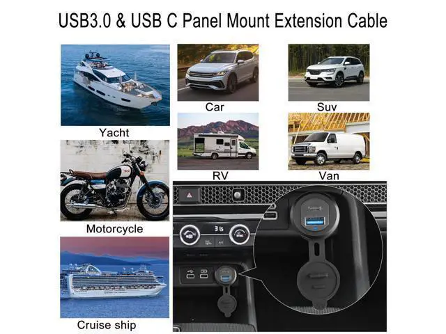 Alt view image 7 of 7 - Vszerda USB C & USB 3.0 Threaded Fixed Embedded Car Waterproof Cable 5Gbps USB3.0 & USB C Panel Mount Extension Cable,LED Light Aluminium Housing,for Instrument Panel Car Boat Motorbike,2M/6.5ft