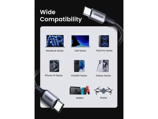 Alt view image 4 of 7 - UGREEN USB C to USB C Cable 3.3FT, 60W 2-Pack USB C Cable Nylon Braided Type C Cord for iPhone 17/16, Galaxy S25/S24/S23, Pixel 10/9, MacBook Air/Pro, Dell XPS, iPad Pro/Mini/Air, Switch, Steam Deck