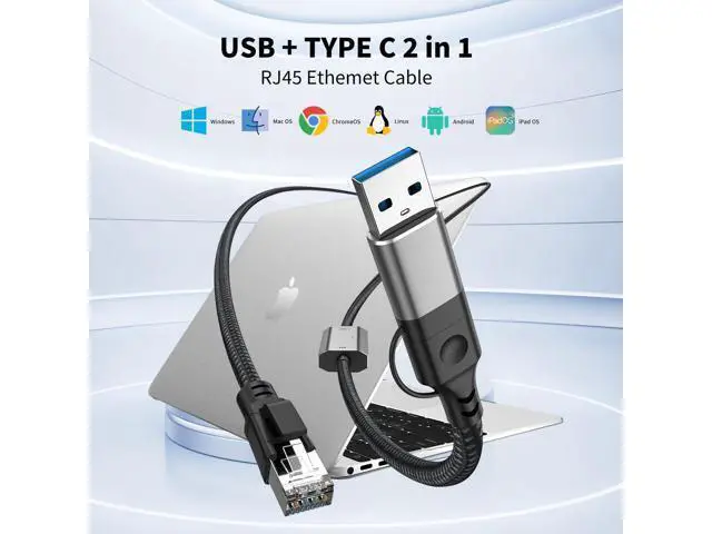 Alt view image 3 of 7 - Vszerda USB C to Ethernet Adapter 10FT, 2in1 USB-C/USB 3.0 to RJ45 Network Cord, 1000Mbps Gigabit Directly Connected, Ethernet Cable Type C Compatible for MacBook Pro,iPad Pro,Smartphone,Laptop,PC