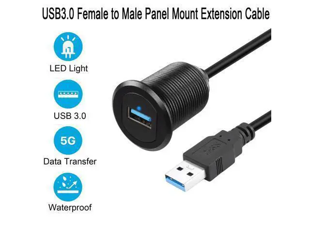 Alt view image 2 of 7 - Vszerda 5Gbps USB 3.0 Threaded Fixed Embedded Car Waterproof Cable USB3.0 Female to Male Panel Mount Extension Cable with LED Light Aluminium Housing,for Dashboard Car Boat Motorbike,2M/6.5ft