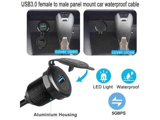 Alt view image 5 of 7 - Vszerda 5Gbps USB 3.0 Threaded Fixed Embedded Car Waterproof Cable USB3.0 Female to Male Panel Mount Extension Cable with LED Light Aluminium Housing,for Dashboard Car Boat Motorbike,2M/6.5ft