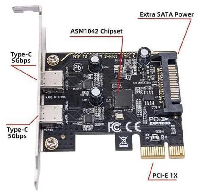 Alt view image 3 of 14 - Vszerda USB PCI-E Express 1x Card USB3.1 Gen1 5Gbps Dual Type-C USB-C Female to PCI-E Adapter ASM1042 with Low Profile Bracket