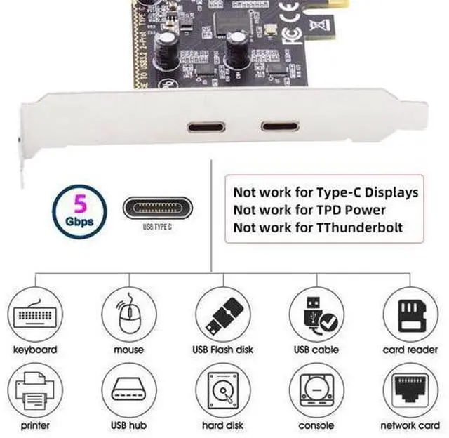 Alt view image 7 of 14 - Vszerda USB PCI-E Express 1x Card USB3.1 Gen1 5Gbps Dual Type-C USB-C Female to PCI-E Adapter ASM1042 with Low Profile Bracket
