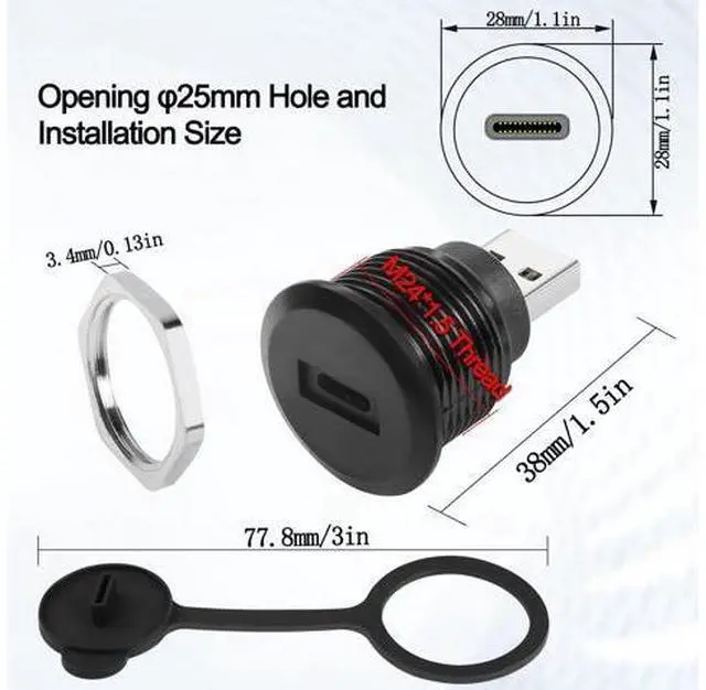 Alt view image 6 of 14 - Vszerda USB C Adapter - USB 3.0 Male to USB C Female Circular Connector - 5Gbps Data Transfer, Water/Dust Proof, Mount Socket