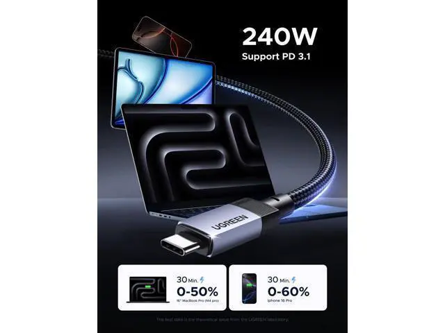 Alt view image 4 of 14 - UGREEN 240W USB C Cable Gen2 10Gbps USB 3.2, 4K 60Hz Video Output Fast Charging Compatible with iPhone 17/16/15 Pro Max, NVMe SSD, Monitor, Galaxy S25/S24/S23 Ultra, MacBook Pro, 3.3FT
