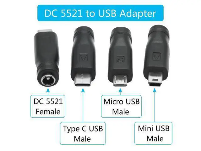 Alt view image 6 of 7 - Vszerda 6Pcs DC 5.5mm x 2.1mm to USB Adapter, 5V DC 5521 Female to Type C & Micro & Mini USB Male Plug Convert Connector Power (Mixed)