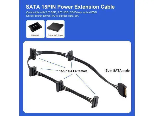Alt view image 3 of 7 - Vszerda 2-Pack 15Pin SATA to 5 SATA Power Extension Cables Splitter for HDD/SSD - 21 Inches