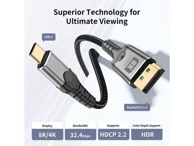 Alt view image 2 of 7 - Vszerda USB C to DisplayPort Cable 10FT, 8K@60Hz 4K@240Hz Unidirectional Thunderbolt 3/4/5 to DisplayPort Cord USB C to DP Compatible with MacBook Pro/Air, iPhone 16 Pro/Max, XPS, Surface