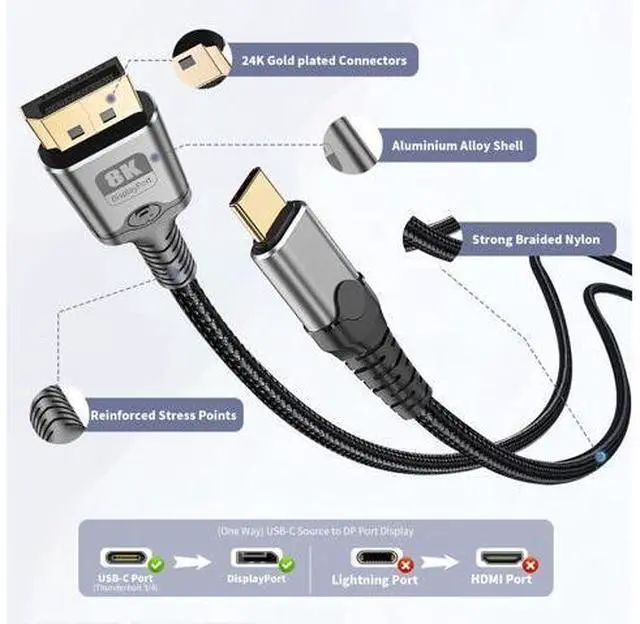 Alt view image 5 of 7 - Vszerda USB C to DisplayPort Cable 10FT, 8K@60Hz 4K@240Hz Unidirectional Thunderbolt 3/4/5 to DisplayPort Cord USB C to DP Compatible with MacBook Pro/Air, iPhone 16 Pro/Max, XPS, Surface