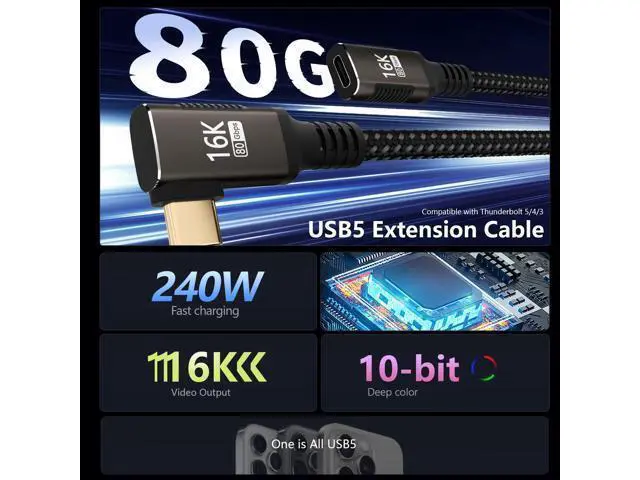 Alt view image 3 of 7 - usbc extension cable right angle short 2FT Compatible with Thunderbolt 5/4/3 extender 80Gbps Data Transfer,usbc female to male Cable,8K@120Hz/16K@60Hz Display,90° USB Type C 240W PD3.1 Fast Charging.