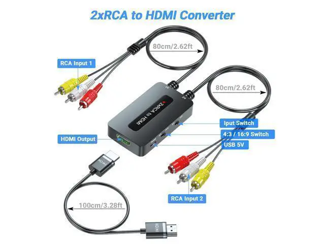 Alt view image 7 of 7 - Vszerda Dual RCA to HDMI Converter Support 4 : 3/16 : 9 Aspect Ratio Switch, 2 Port Composite AV to HDMI Converter for Connecting Two RCA Devices to One HDTV to Avoid Frequent Plugging/Unplugging