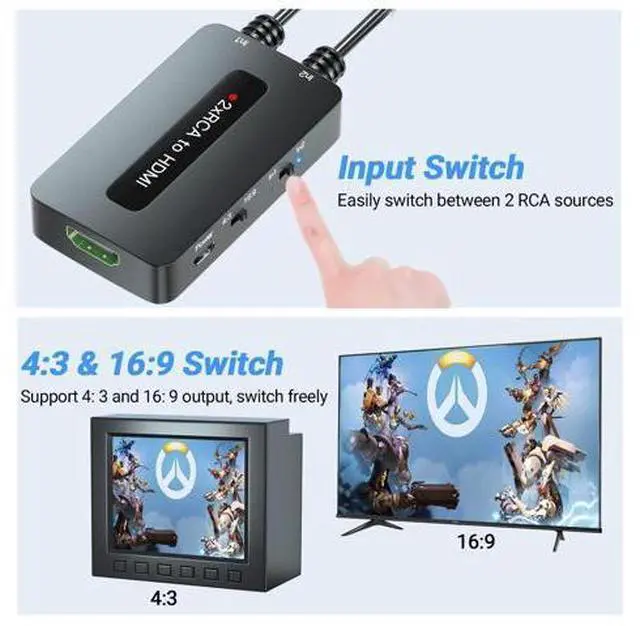 Alt view image 3 of 7 - Vszerda Dual RCA to HDMI Converter Support 4 : 3/16 : 9 Aspect Ratio Switch, 2 Port Composite AV to HDMI Converter for Connecting Two RCA Devices to One HDTV to Avoid Frequent Plugging/Unplugging