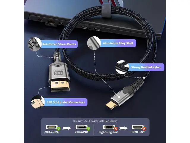 Alt view image 6 of 7 - Vszerda USB C to DisplayPort Cable 10FT, 16K@30Hz 8K@120Hz 4K@240Hz Unidirectional Thunderbolt 3/4/5 to DisplayPort Cord USB C to DP Compatible with MacBook Pro/Air, iPhone 16 Pro/Max, XPS, Surface
